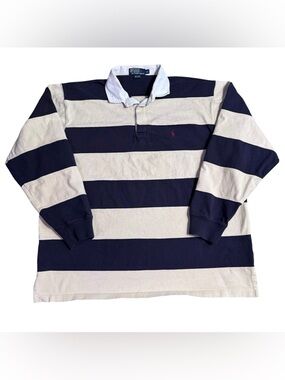 Vintage 90’s Polo by Ralph Lauren Rugby Polo Shirt Men’s XL Navy & Cream Stripes